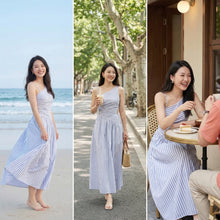 Asymmetric Striped Cutout Waist Maxi Dress