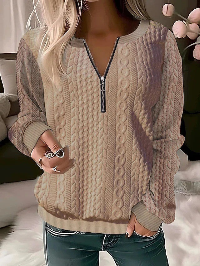 Womens quarter zip pullover shown on a model with jeans, mock neck short zip