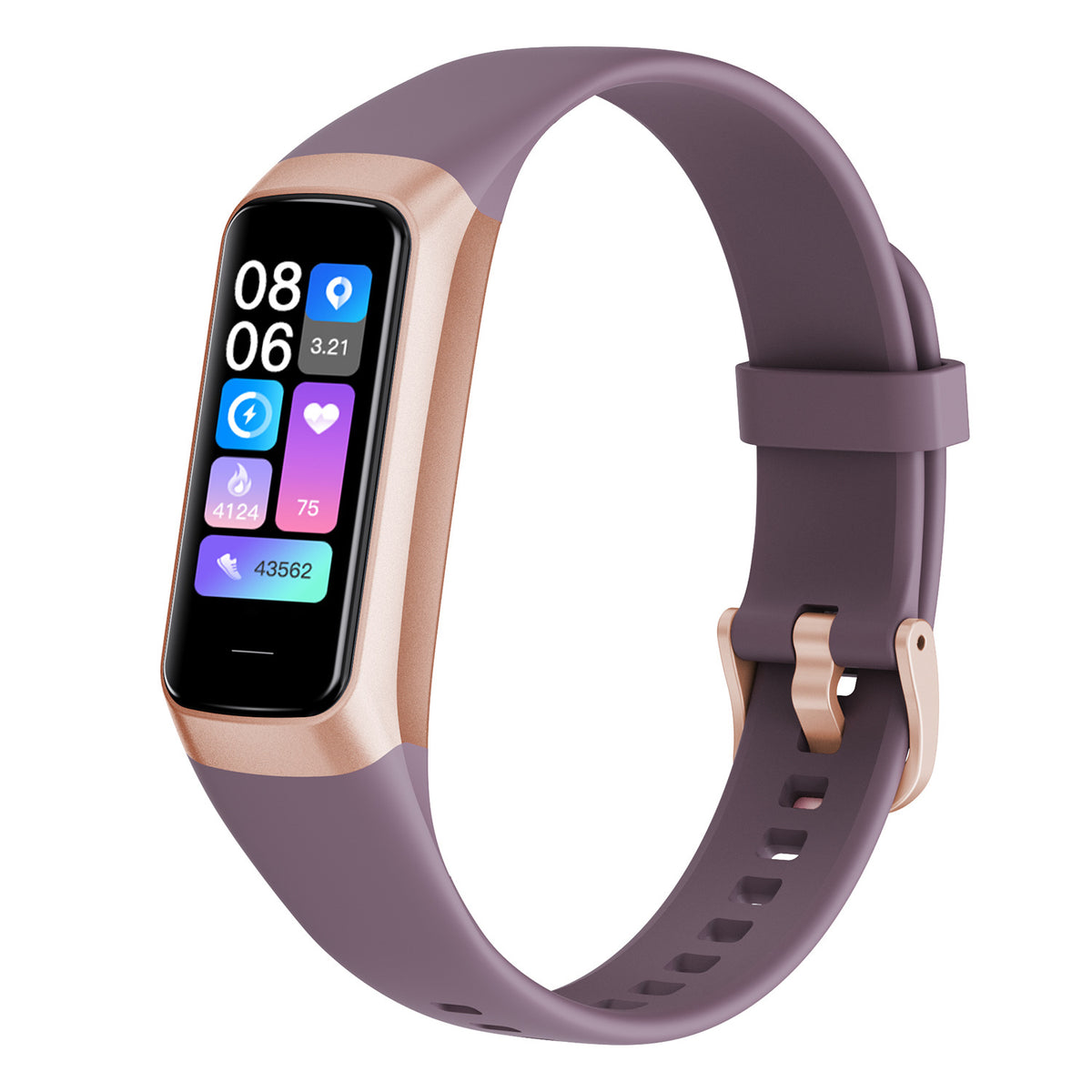 Plum color option of the smart bracelet with rose gold case and activity tiles on the screen