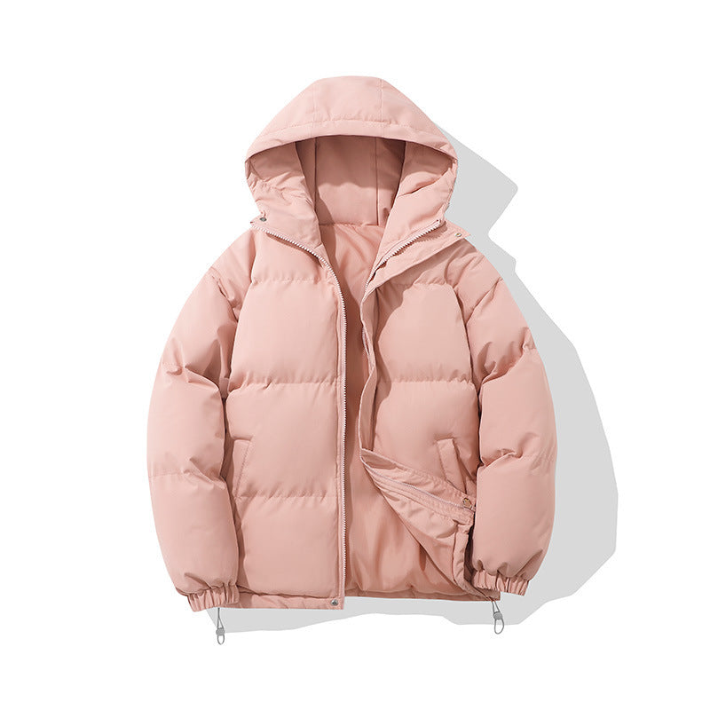 Hooded padded puffer jacket in gray green, back view