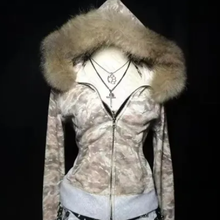 Womens Y2K Camouflage Zip-Up Hoodie with Vegan Fur Trim Hood