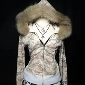 Womens Y2K Camouflage Zip-Up Hoodie with Vegan Fur Trim Hood