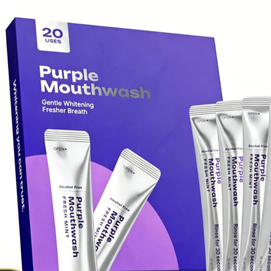 Purple fresh mint mouthwash box with silver single use rinse sticks, alcohol free