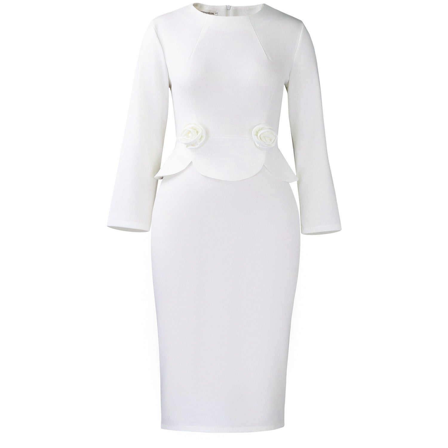 White peplum bodycon midi dress flat on white, sculpted roses and back neck zip, White option