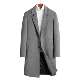 Men's Long Single-Breasted Wool Blend Coat with Quilted Lining