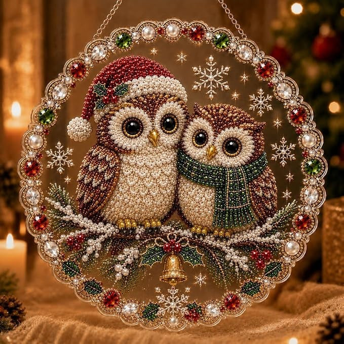 Close up of acrylic rhinestones set into a Christmas door hanger design