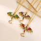 Dragon pendant necklace worn at the collar over an everyday outfit