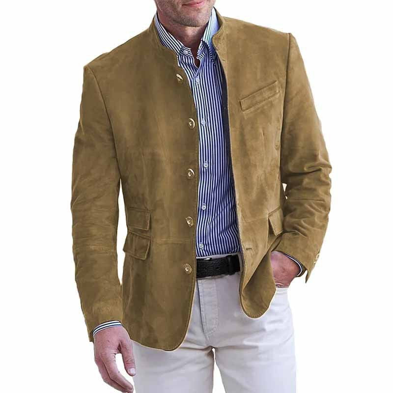 Stand collar vegan suede jacket with a straight regular length hem and flap pockets