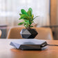 Black faceted floating planter with a green artificial plant hovering above a base on a desk