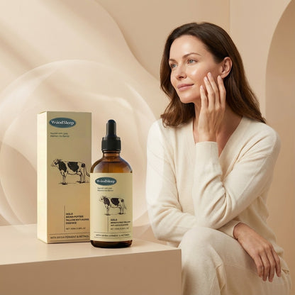 WoodSleep tallow face essence in a 100 ml amber dropper bottle beside its box and a model