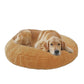 Raised rim of a round chenille pet bed for a curled cat or dog