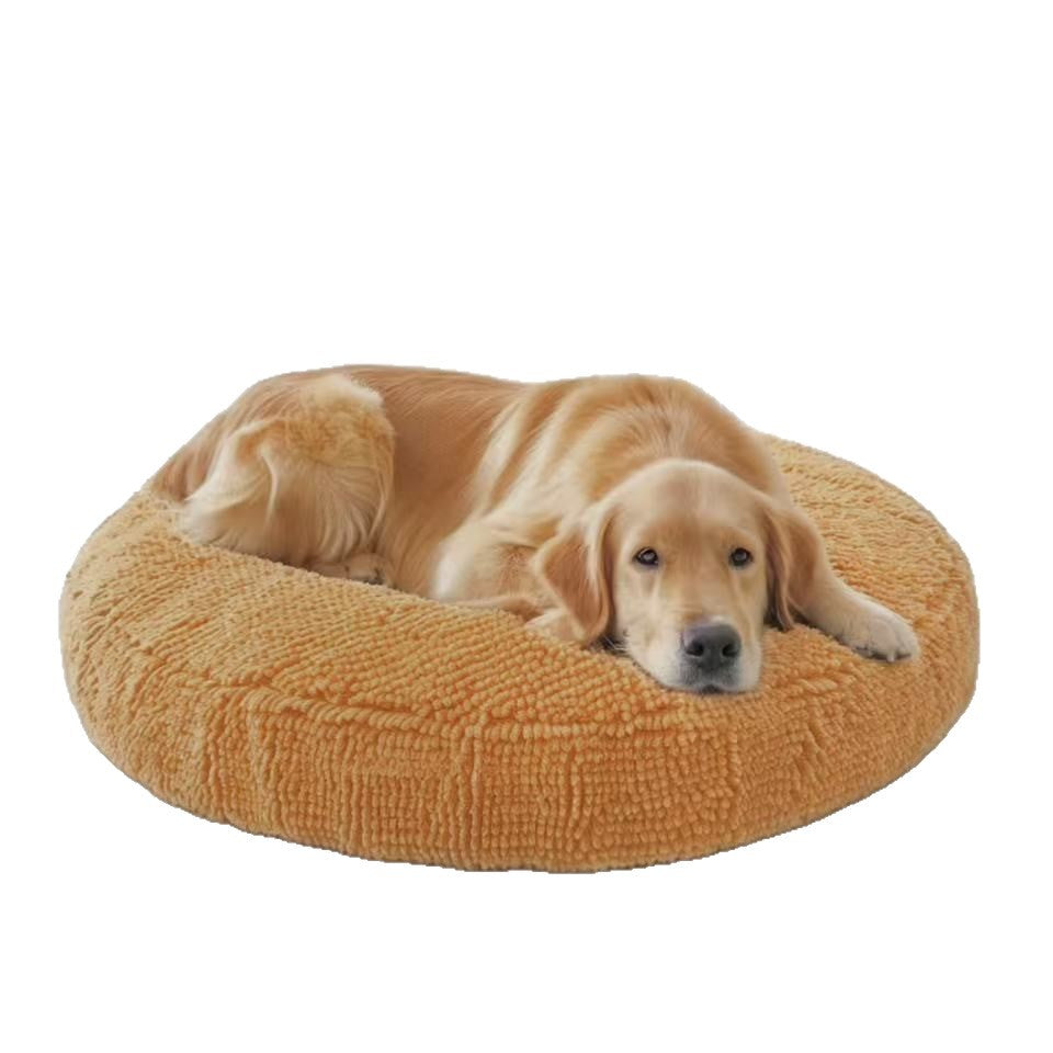 Raised rim of a round chenille pet bed for a curled cat or dog