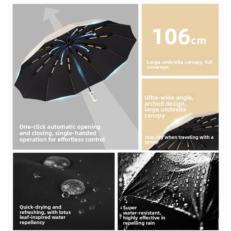Sun and rain umbrella canopy open showing the black glue UV coating inside