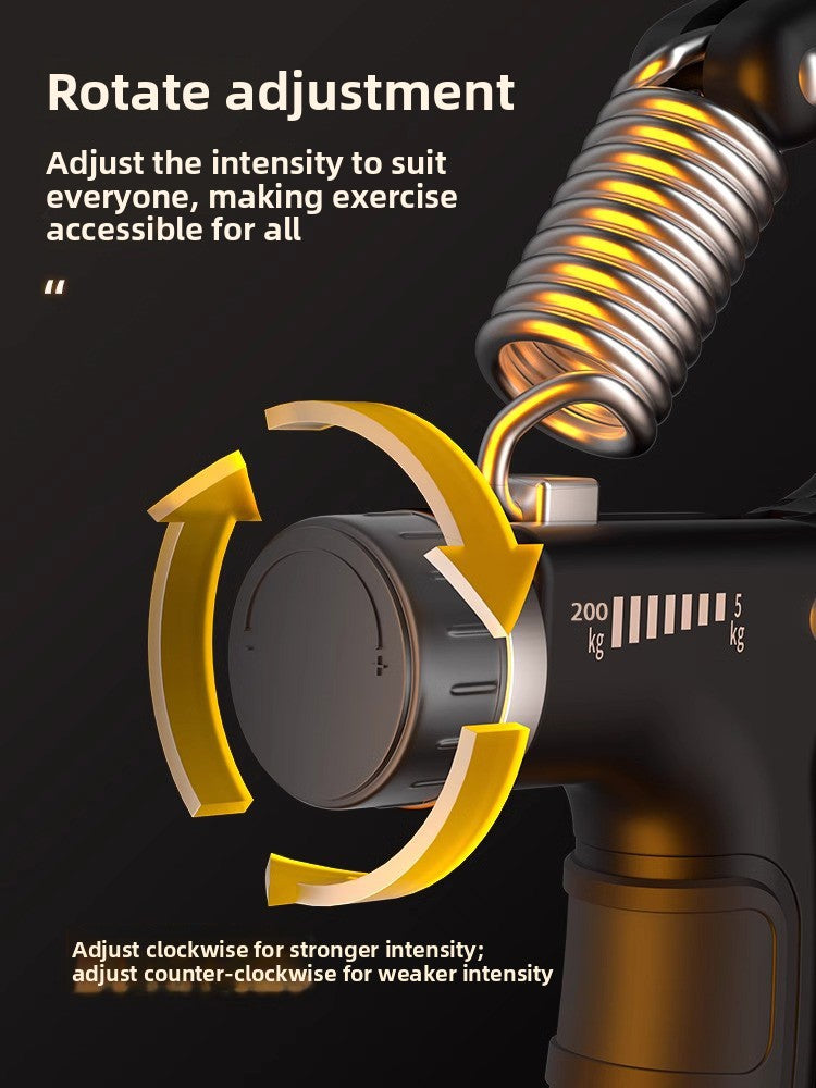 Adjustable hand grip trainer at an angle showing its resistance dial and counter