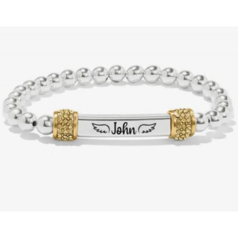 Silver bead stainless steel bracelet with an engraved bar and wing accents