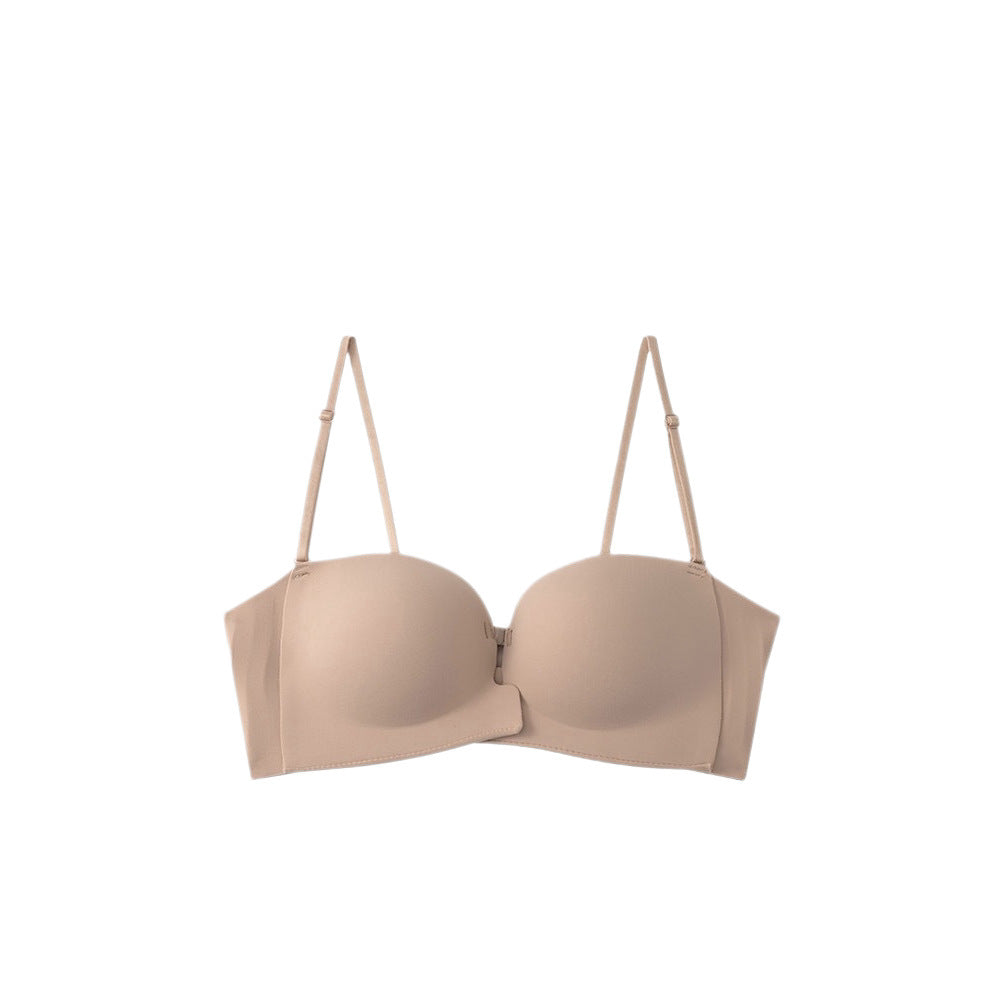 Side view of a strapless push-up bra showing the wide back and side support band