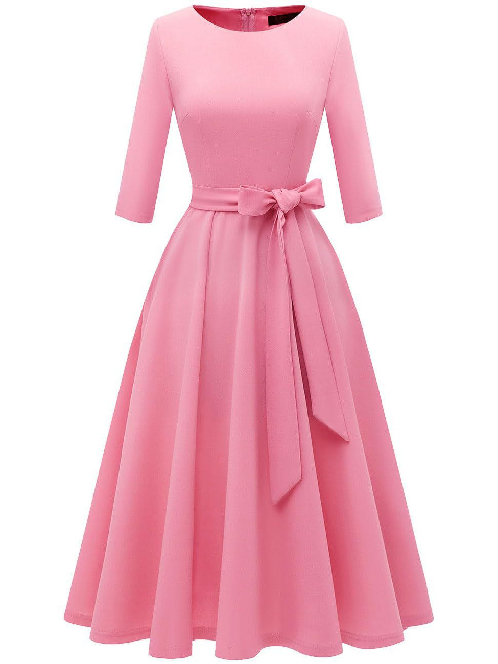 Close up of the swing dress bodice darts, round neck and matching tie belt fabric