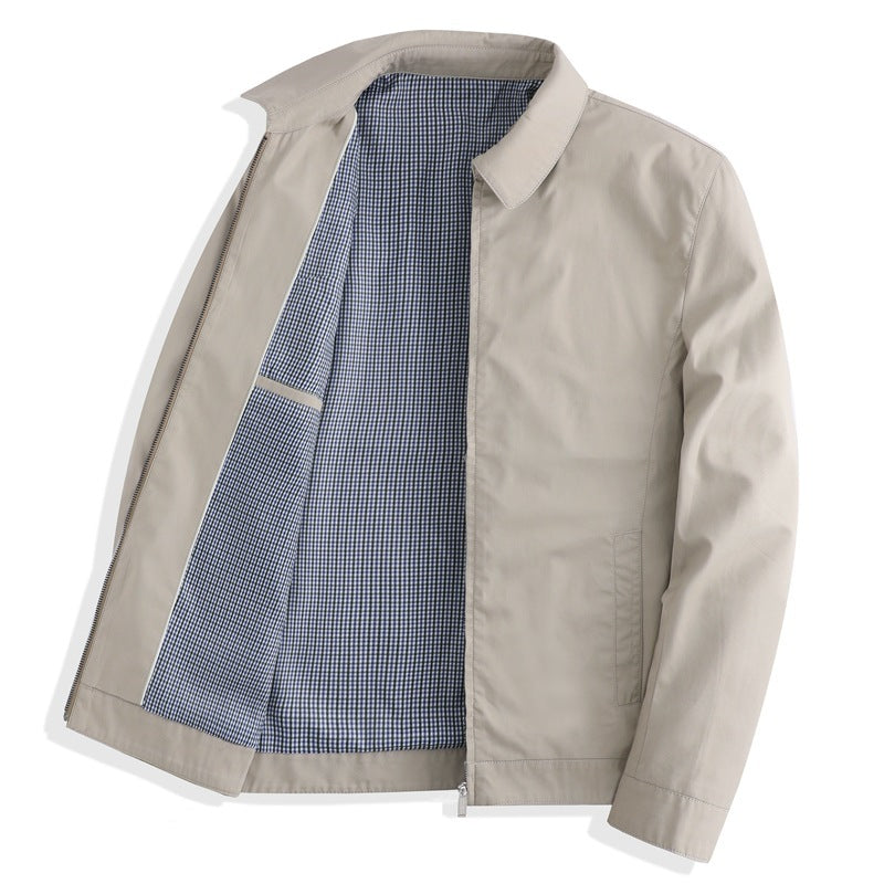 Beige cotton zip jacket with a turn-down collar and blue gingham lining, size 175 L option photo
