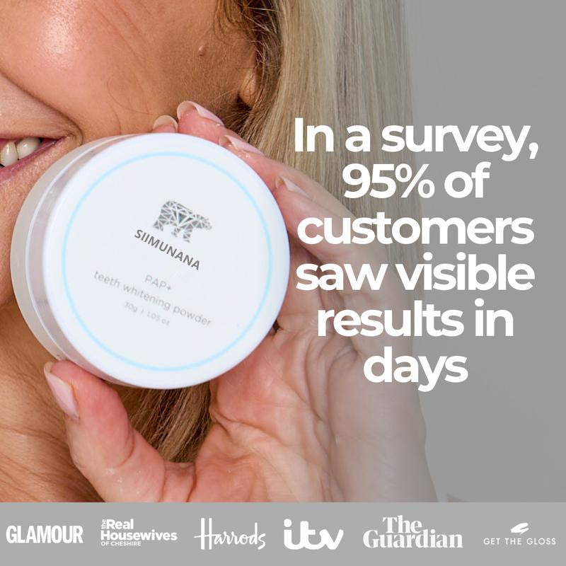 Woman holding a SIIMUNANA teeth whitening powder tub next to her smile with a survey line and press logos