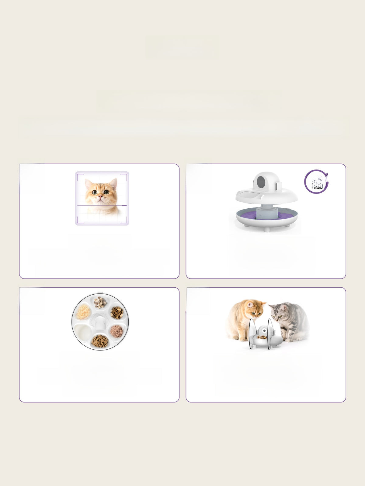 Four panel view of the cat feeder showing a face scan frame, the tray and body, a six compartment tray with food and two cats
