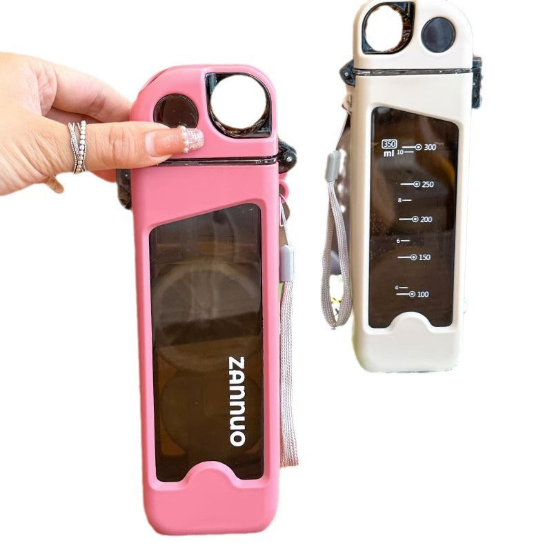 Pink and white plastic water bottles showing flip straw lid and clear graduated level window