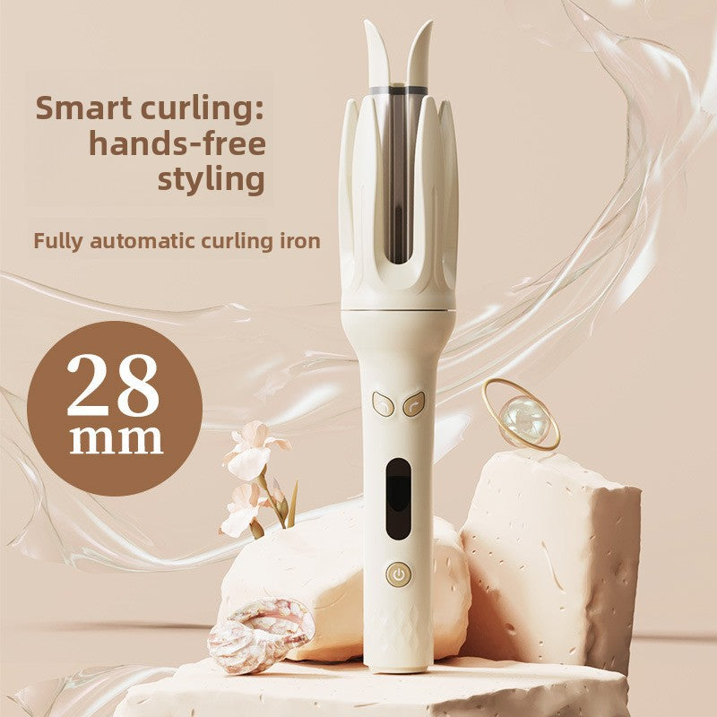 Cream automatic hair curler upright, about 28 mm rotating barrel, hands free styling with heat screen