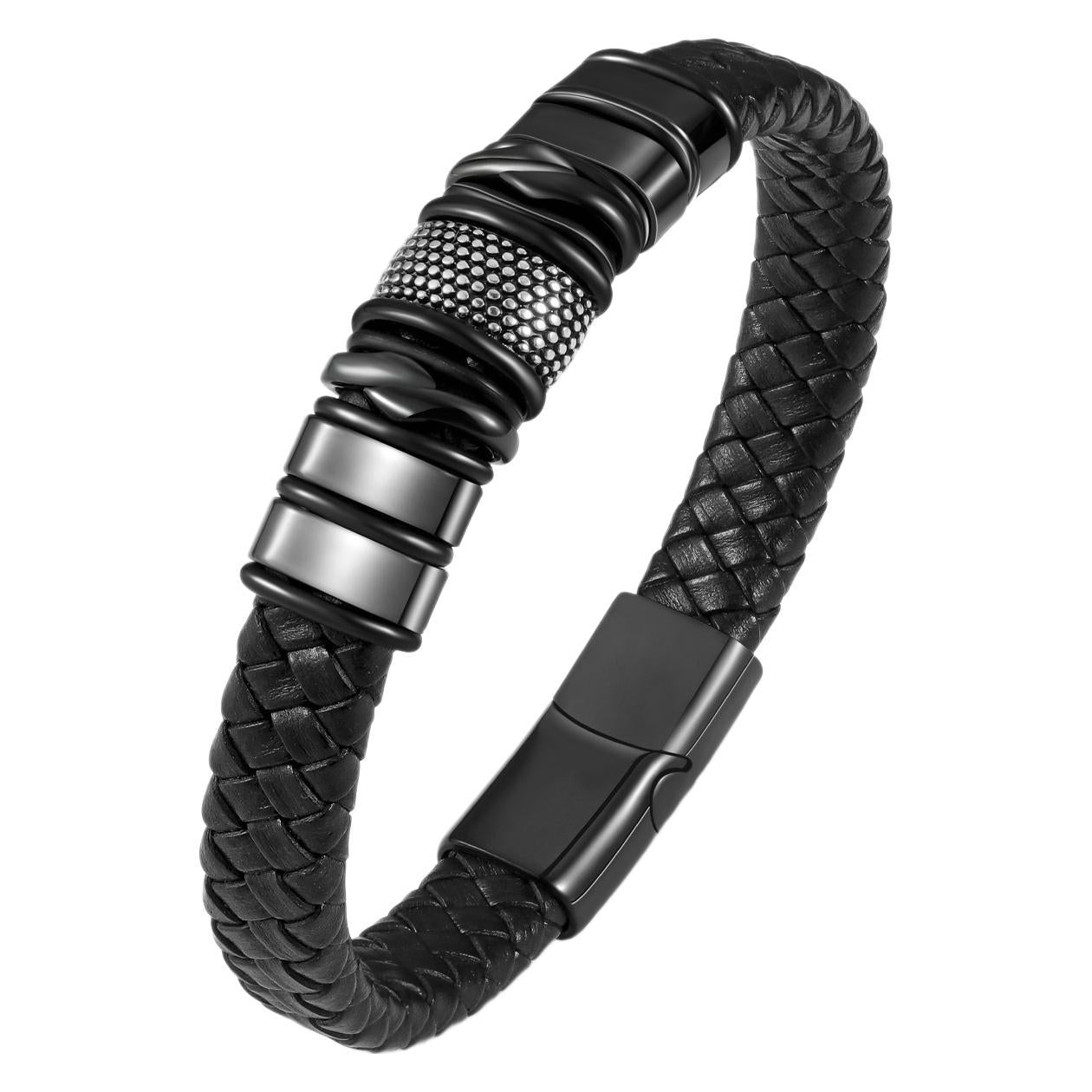 Angled view of a black braided leather bracelet with studded steel barrel beads