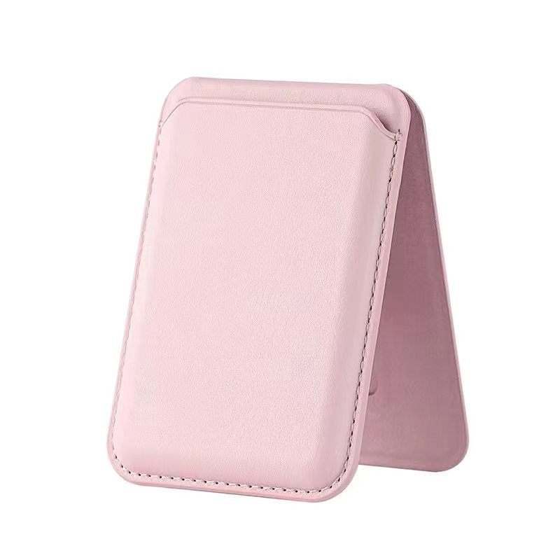 Magnetic card holder snapped to a MagSafe phone from behind