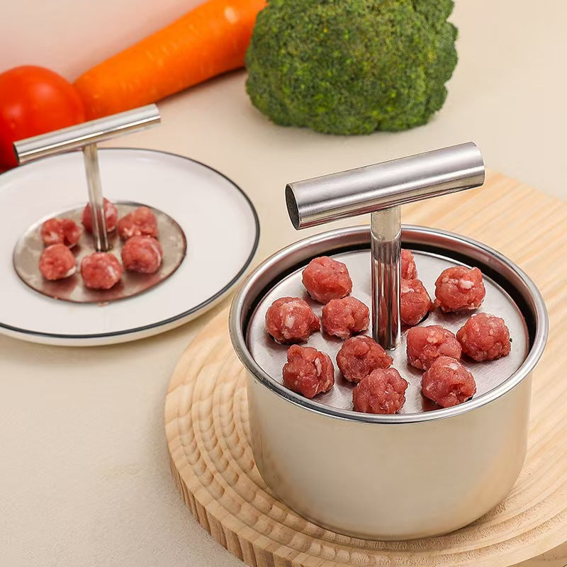 Stainless steel meatball maker drum with the perforated T handle press plate