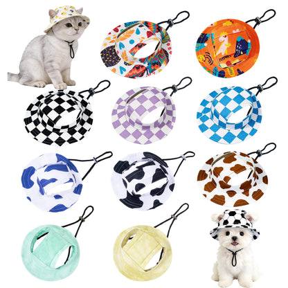 Pet bucket sun hat with ear holes and chin cord in a yellow duck print