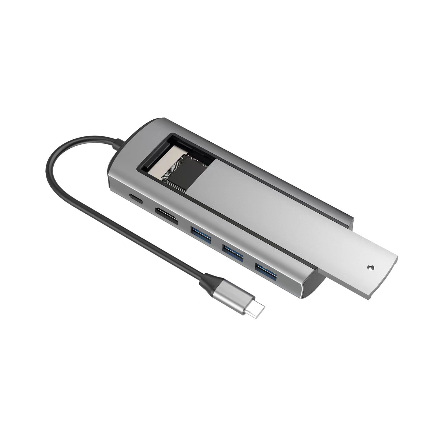 Space grey aluminum docking station with open M.2 SSD slot and attached Type-C cable