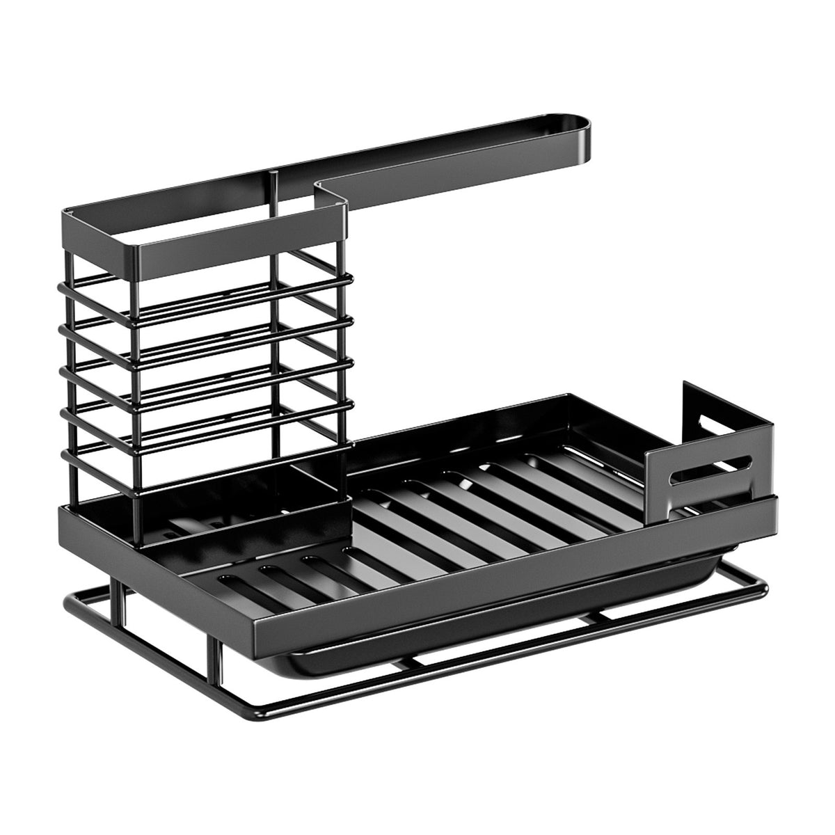Black carbon steel sink caddy showing the upright brush cage and slotted drip tray base