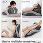 Four scenes of a person lying, reclining, and resting legs on the foam lounge pillow