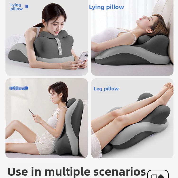 Four scenes of a person lying, reclining, and resting legs on the foam lounge pillow