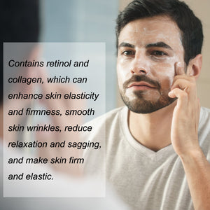 Man smoothing face cream onto his cheek in front of a bathroom mirror