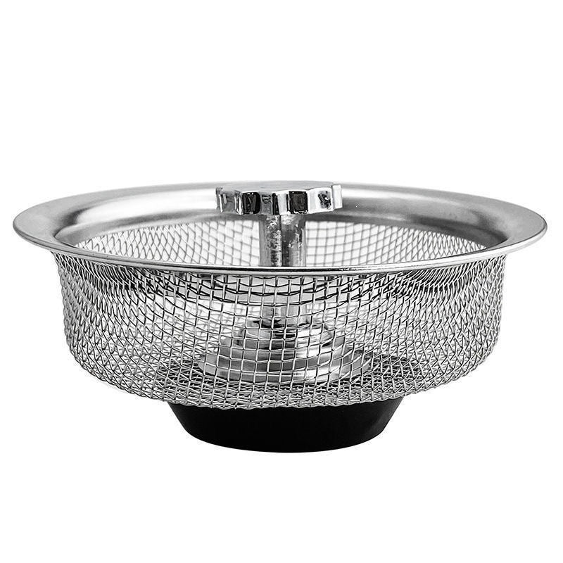 Stainless steel mesh sink strainer basket with a straight bar handle and rubber base
