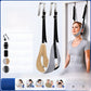 Beige and gray chin cradle with black nylon straps and steel door hooks, woman seated at a door, Beige and Gray option