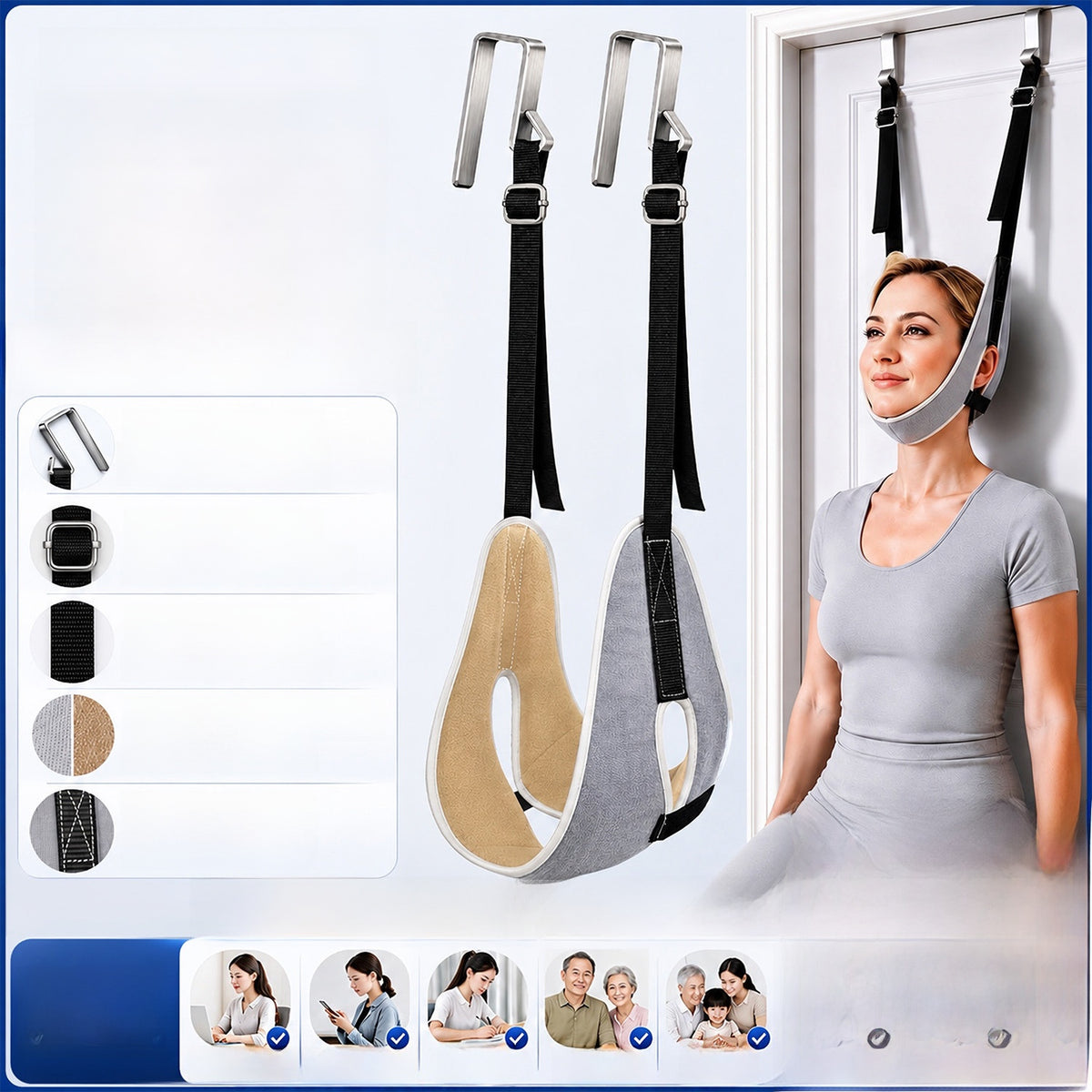 Beige and gray chin cradle with black nylon straps and steel door hooks, woman seated at a door, Beige and Gray option