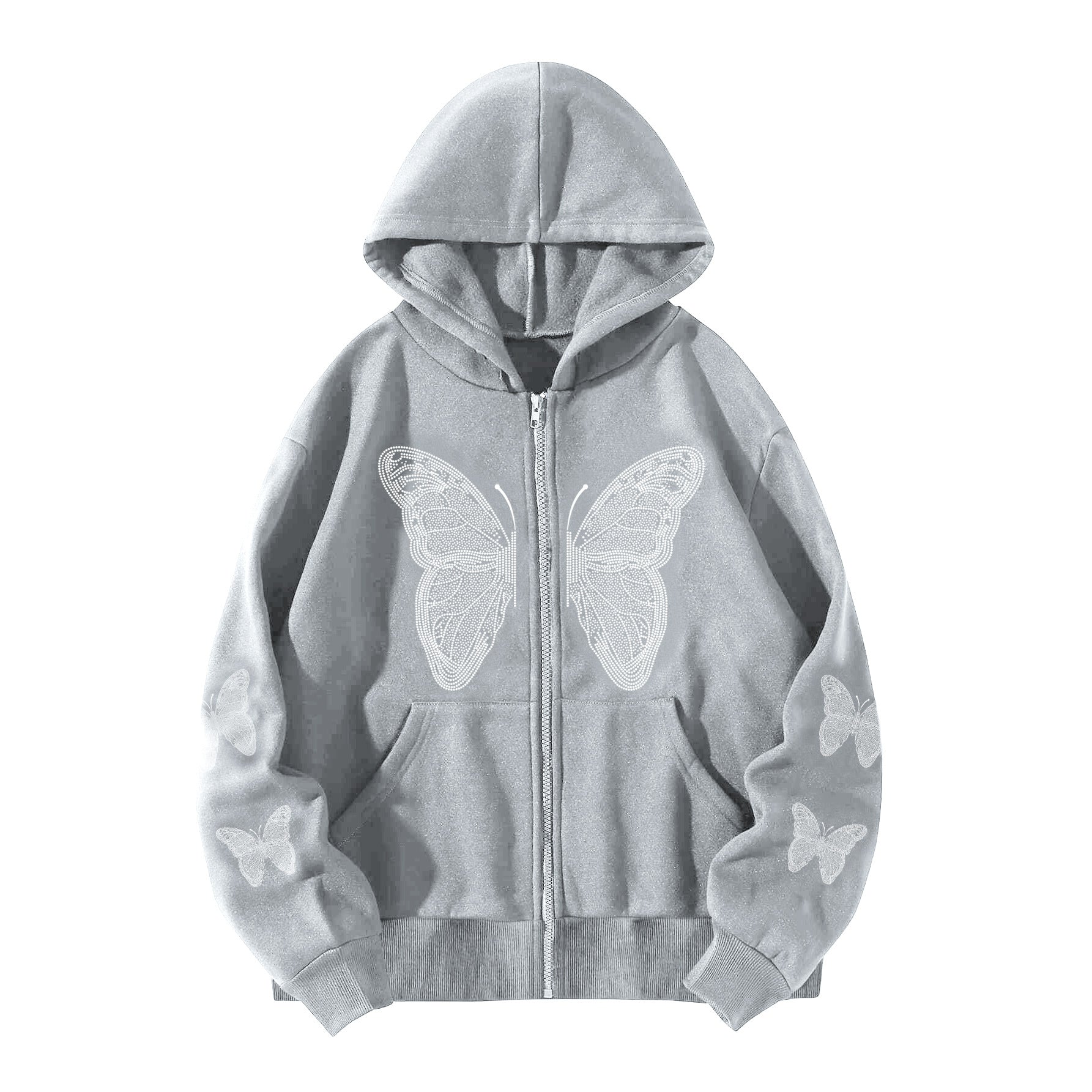 Rhinestone butterfly zip hoodie shown in a relaxed at-home setting