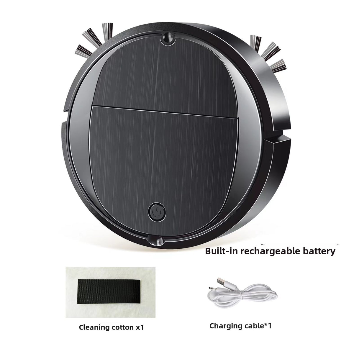 Black robotic sweeper top view shown with built in battery, a mop cotton pad and USB cable