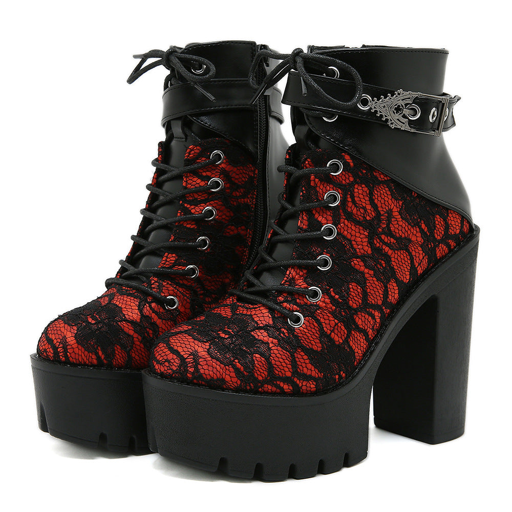Womens platform ankle boot with floral lace overlay, block heel and lug sole, front view