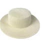 Khaki toned paper straw wide brim sun hat with a flat top crown on a plain background
