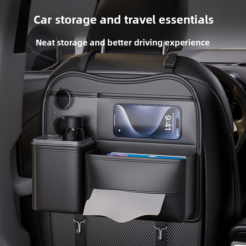 Side profile of leather-look car seat back organizer strapped to the front seat