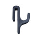 Black resin single shower door hook with an upside down U slot on a plain white background