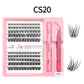 Lash cluster style CS20 in a 10 row tray with dual-ended glue pen, tweezers and a close-up of the cluster shape