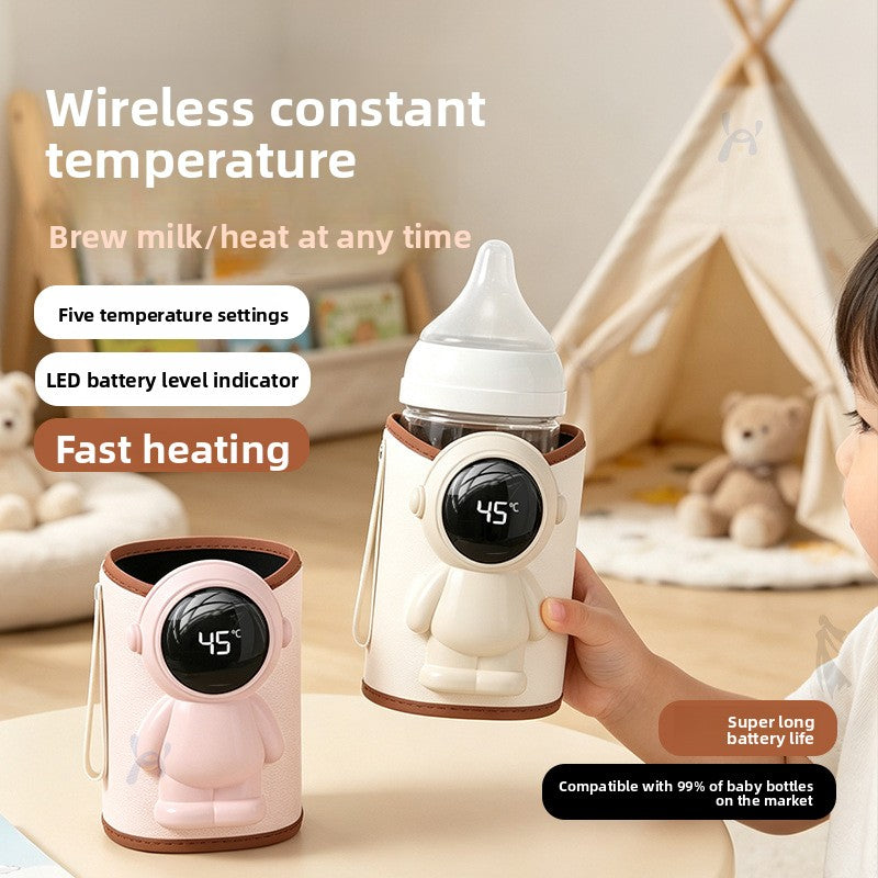 Pink and beige astronaut style bottle warmer sleeves, one wrapped around a baby bottle, with temperature settings listed