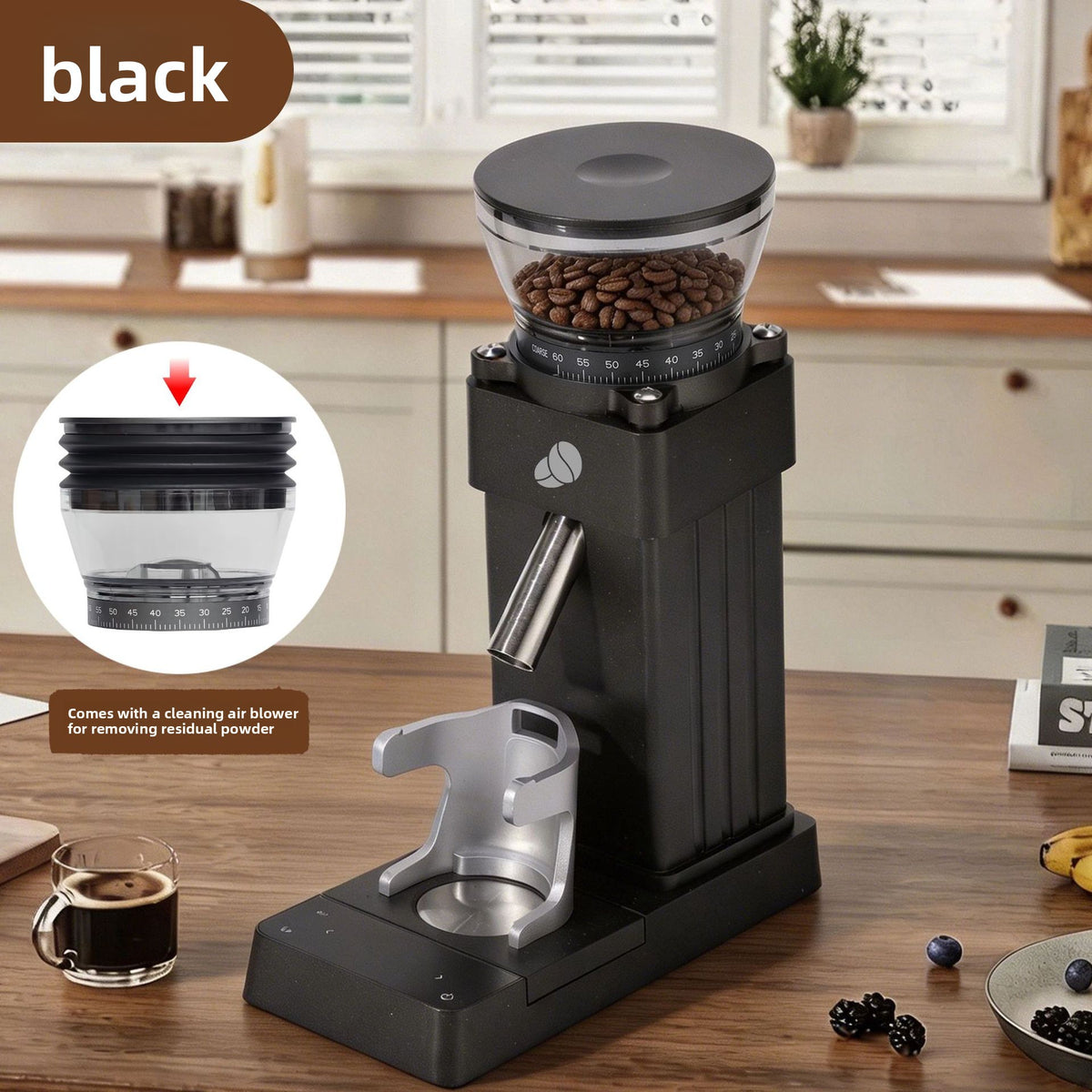 Stainless steel conical burr and clear bean hopper of the electric coffee grinder