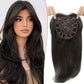 Dark espresso synthetic hair topper on a model beside the long straight piece held open