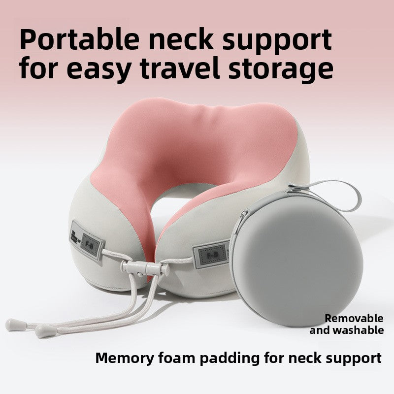 Coral pink and beige U shaped neck pillow beside a round gray storage box, adult size, single pillow option