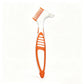 Orange double headed denture brush with a wide flat brush head and a small tapered head on a white handle
